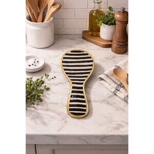 New Modern Black & Whte Stripped W/ Gold Trim Kitchen Spoon Rest Decor